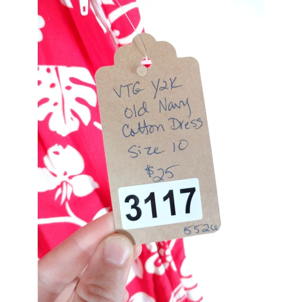Y2K VTG Old Navy Mini Dress Women 10 Red Tropical Floral Pineapple Cotton Summer